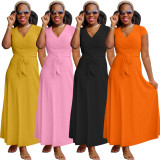Plus Size Solid V Neck Short Sleeve Maxi Dress WAF-77467