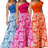 Plus Size One Shoulder Top+Printed Maxi Skirt 2 Piece Sets LSL-6498
