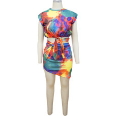 Sexy Print Sleeveless Top And Skirt Two Piece Sets YF-9935