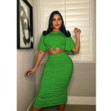 Plus Size Short Sleeve Top Ruched Midi Skirt 2 Piece Sets BN-9331