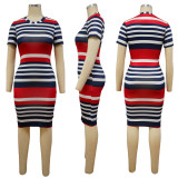 Short Sleeve Striped Print Midi Dress YF-9848