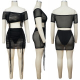 Mesh See Through Wrinkled Crop Top And Skirt 2 Piece Sets With Panties YF-9916