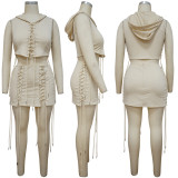 Casual Hollow Bandage Hooded Vest And And Skirt 2 Piece Sets YF-9919