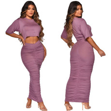 Casual Solid Color Short Sleeve Ruched Skirts 2 Piece Set YF-9926