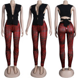 Sexy Solid Tie Up Sleeveless Top Print Pants Two Piece Sets FSXF-F312 