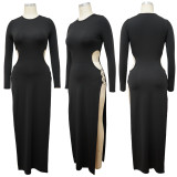Solid Color Round Neck Sexy Slit Long Dress YF-10003
