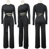 Solid Color Long Sleeve Wide Leg Pants Two Piece Sets YF-10022