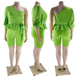 Plus Size Solid One Shoulder Peplum Top And Shorts Sets MOF-8906
