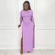Solid Color Round Neck Sexy Slit Long Dress YF-10003