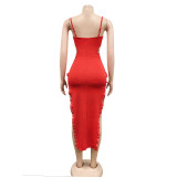 Fashion Solid Color Sexy Sling Slit Dress BY-5811