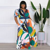 Plus Size Lapel Colorful Print Loose Dress With Belt OSIF-22297