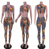 Fashion Sexy Mesh Print Sleeveless Top And Pants 2 Piece Sets GZYF-8085