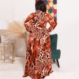 Plus Size Leopard Print Long Sleeve Long Dress With Belt OSIF-22349