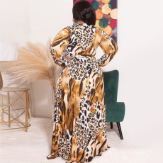 Plus Size Leopard Print Long Sleeve Long Dress With Belt OSIF-22349