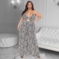Plus Size Printed Hollow Out Halter Jumpsuit WPF-80728