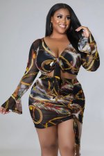 Plus Size Printed Slim Fit Long Sleeve And Skirt Two Piece Sets NK-8618