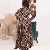 Plus Size Leopard Print Long Sleeve Long Dress With Belt OSIF-22349