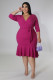 Plus Size 3/4 Sleeve Deep V Ruffle Dress OSM2-5305