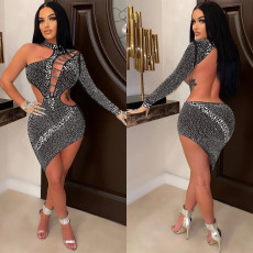 Sexy Fashion Night Club Hot Diamond Backless Irregular Dress BY-5762