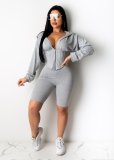 Solid Hooded Zipper Two Piece Shorts Sets CY-2138