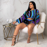 Plus Size Sexy Striped Long Sleeve 2 Piece Shorts Sets ME-Q220