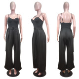 Solid Sleeveless Belted Wide Leg Jumpsuit WY-6886