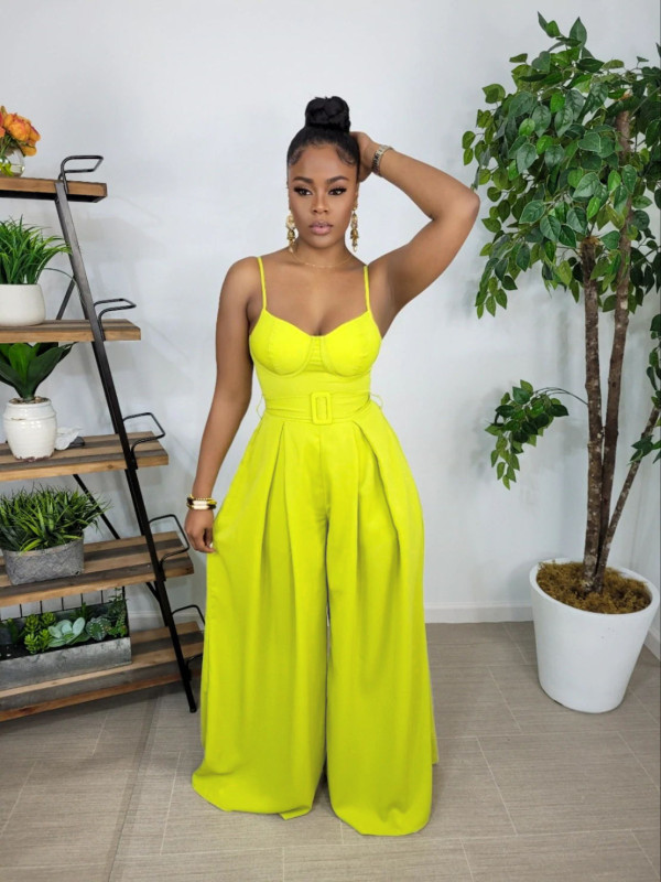Solid Sleeveless Belted Wide Leg Jumpsuit WY-6886