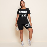 Plus Size Letter Print T Shirt Shorts 2 Piece Sets ONY-6002