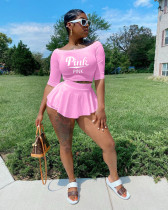 Plus Size Pink Letter Print Crop Top Culottes Skirt 2 Piece Sets KYF-3140