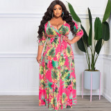 Plus Size Floral Print Sashes Maxi Dress OSIF-22350