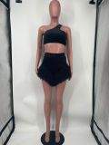 Sexy Feather Patchwork Two Piece Shorts Sets FST-7278