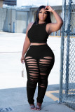 Plus Size Solid Hole Tank And Pants 2 Piece Sets JRF-3698