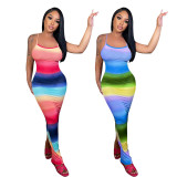 Rainbow Color Split Slim Maxi Dress HNIF-085
