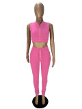 Solid Sleeveless Zipper Top And Pants 2 Piece Sets AWN-5261