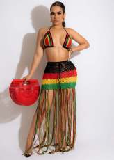 Colorful Crochet Bra Top Tassel Skirt Seaside 2 Piece Sets OSM-4371