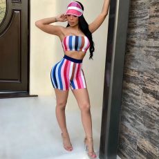 Plus Size Colorful Stripe Tube Top And Shorts Sets CM-8623