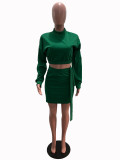 Solid Long Sleeve Crop Top Mini Skirt 2 Piece Sets SHA-86317