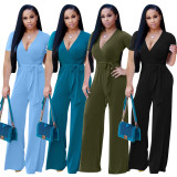 Solid V Neck Short Sleeve Sashes Jumpsuit OD-8502