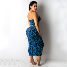 Leopard Print Sleeveless Sling Long Dress (Without Belt)TE-4436