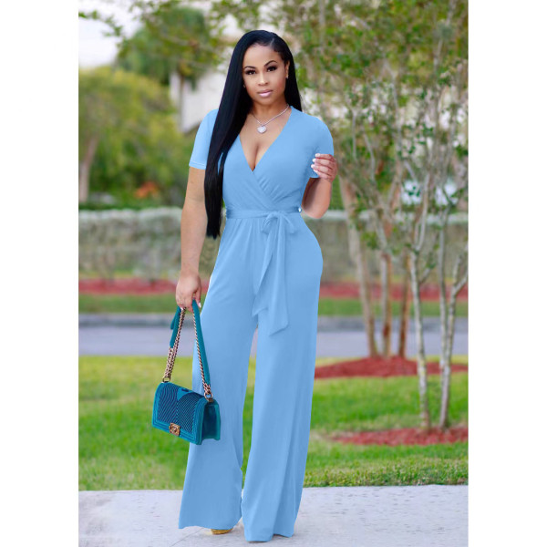 Solid V Neck Short Sleeve Sashes Jumpsuit OD-8502