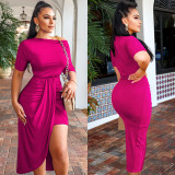 Solid Short Sleeve Irregular Bodycon Dress BY-5850