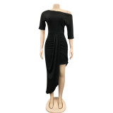Solid Short Sleeve Irregular Bodycon Dress BY-5850
