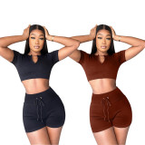 Solid Crop Top And Shorts Two Piece Sets LSD-82098