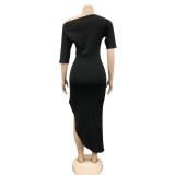Solid Short Sleeve Irregular Bodycon Dress BY-5850
