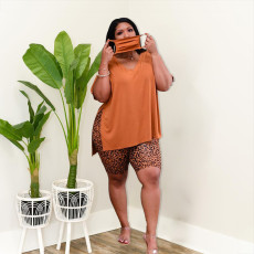 Plus Size Split T Shirt+Leopard Shorts 2 Piece Sets (With Mask)MUKF-082