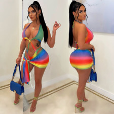 Sexy Rainbow Multicolor Hollow One Piece Swimsuit Two Piece Set LP-66505