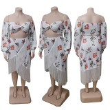 Plus Size Print Off Shoulder Long Sleeve Crop Top Tassel Skirt 2 Piece Set BDF-7002