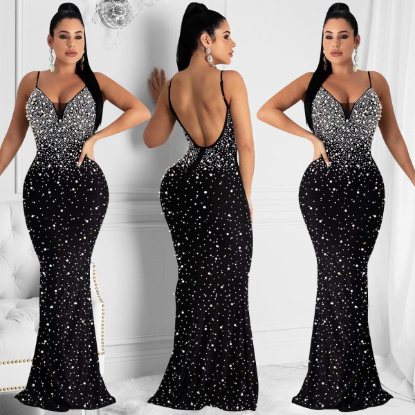 Sexy Hot Drilling Backless Sling Evening Dress BY-5852