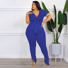 Plus Size Solid Crop Top High Waist Ruched Pants Sets OSIF-22343