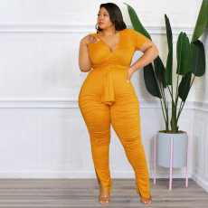 Plus Size Solid Crop Top High Waist Ruched Pants Sets OSIF-22343